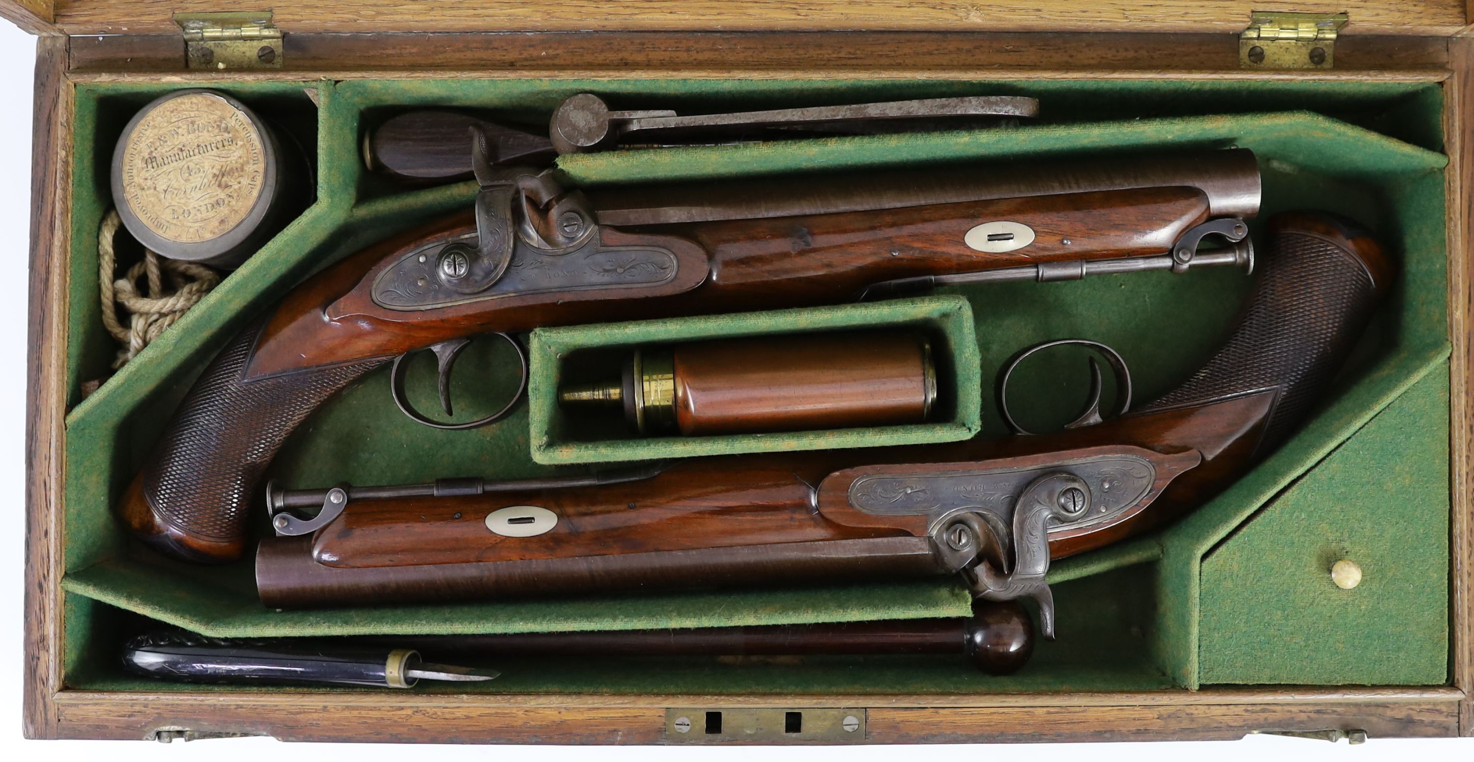 A good cased pair of percussion pistols, by E & W Bond, London, with Arundel and Bramber Corps of Yeomanry Cavalry presentation inscription dated 1839, Pistol length 38cm, hammers damaged